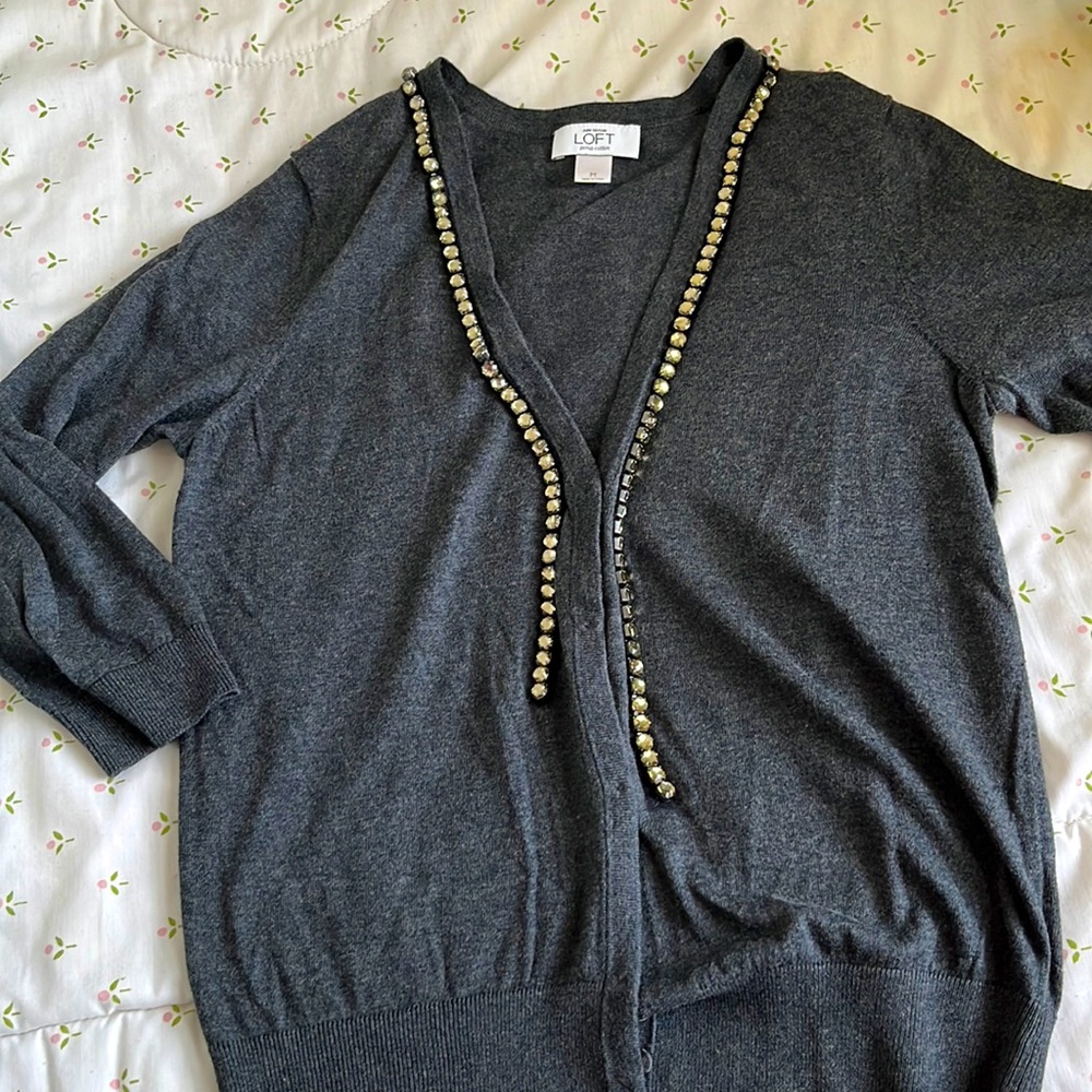 Loft Pima cotton sweater, 3/4 sleeves, rhinestone trim
